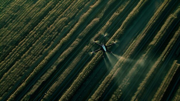 Photo agricultural drones spraying crops distribute pesticides herbicides and fertilizers generative ai