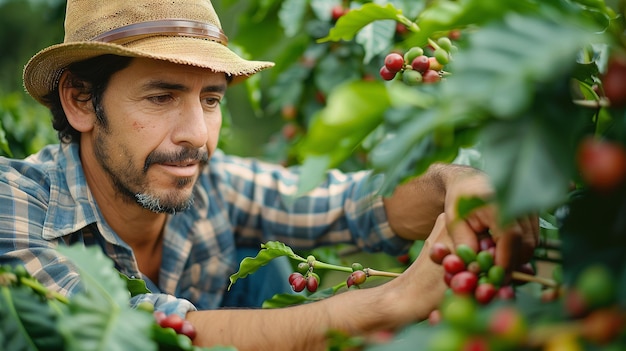 Agricultural Engineer Analyzing Coffee Bean Health in Field on Summer Day