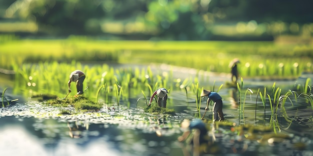 Agricultural farmland spring plowing and rice transplanting macro photography