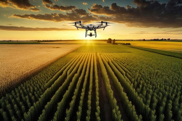 Agricultural field with crops and agronomist drone flying above created with generative ai