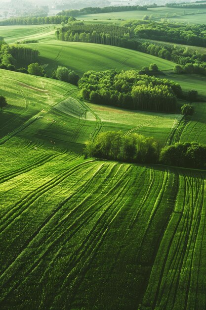 Photo agricultural fields from a birds eye view generative ai