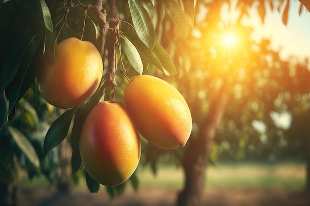 Agricultural industry concept close up of mangoes hanging in a mango plantation with sun light