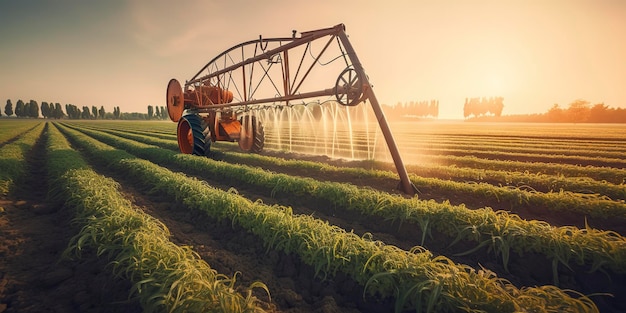 Agricultural irrigation machine watering a vegetable field at sunset