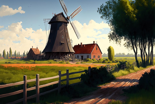 Agricultural landscape with a barn and a windmill