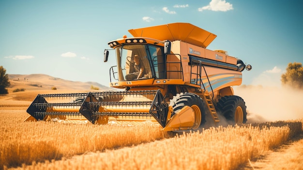 Agricultural machinery working on a farm harvesting wheat