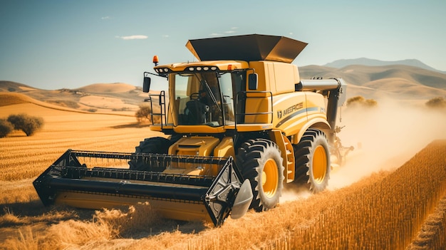 Agricultural machinery working on a farm harvesting wheat