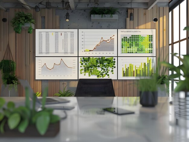 Photo agricultural policy analysis with detailed charts graphs and statistical data visualizations in minimalist office interior