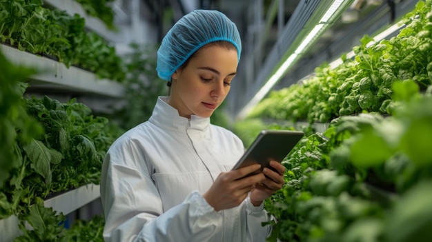 Photo agricultural specialist monitoring crop growth in vertical farm