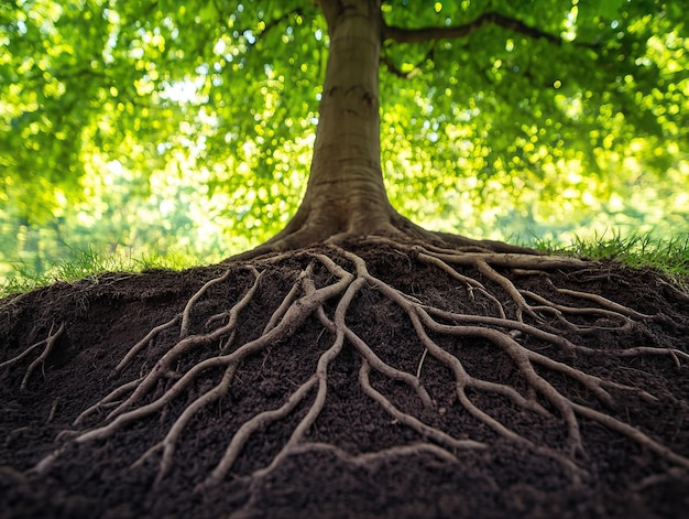 Photo agricultural style green canopy tree planted in the soil roots spreading into the soil