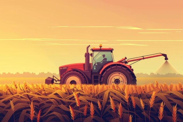 Agricultural Tractor Irrigating Crops at Sunset