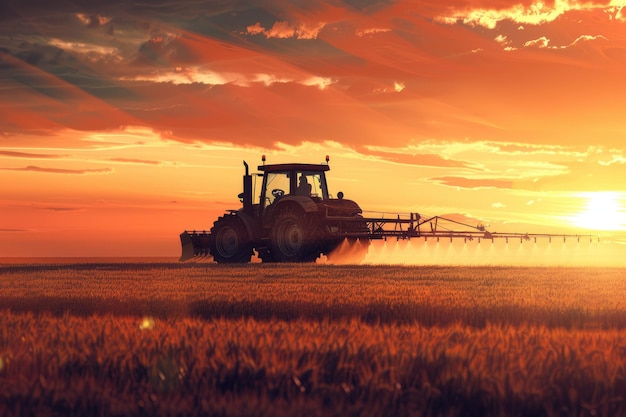 Agricultural Tractor Irrigating Crops at Sunset