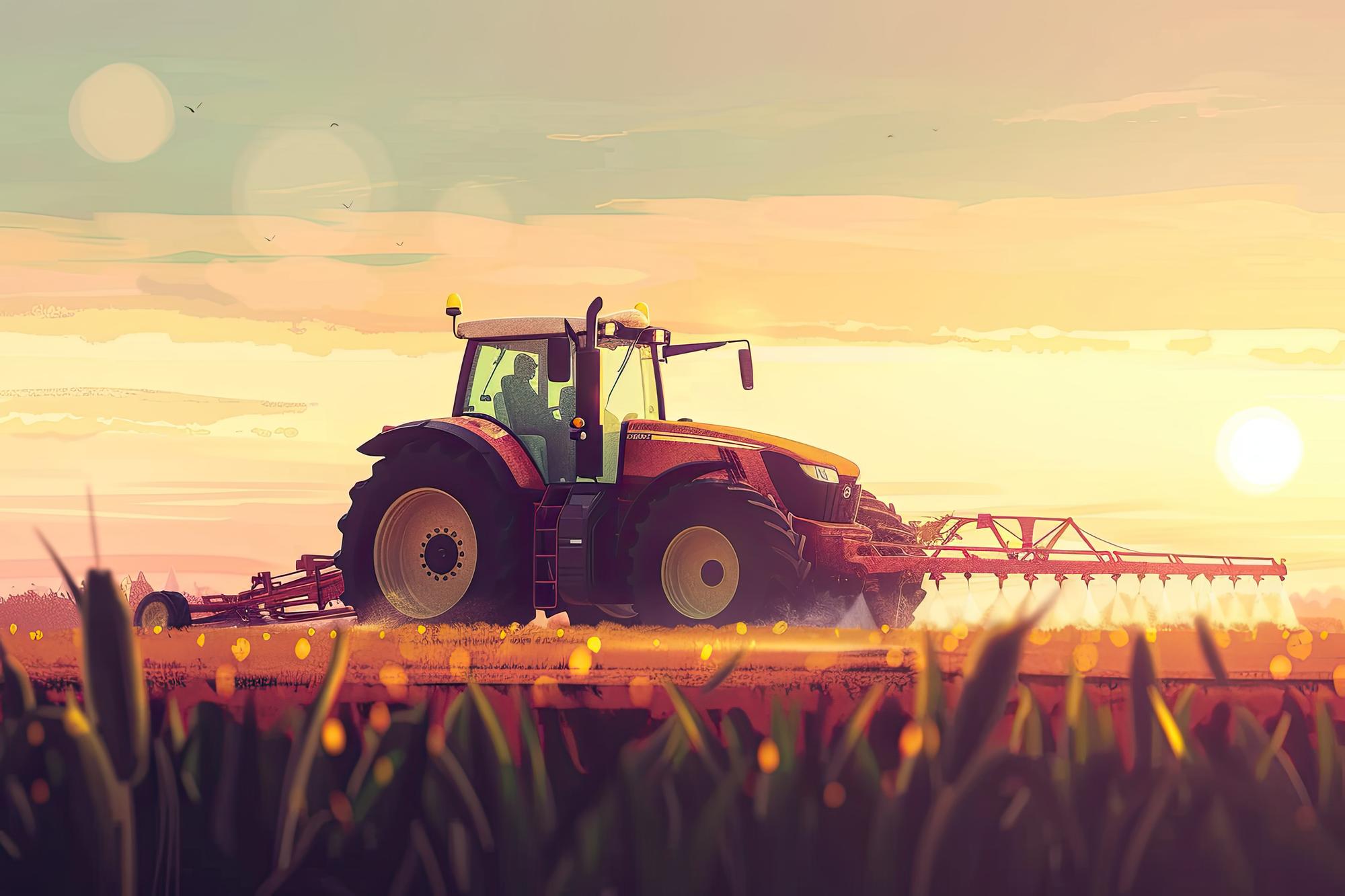 Agricultural Tractor Irrigating Crops at Sunset