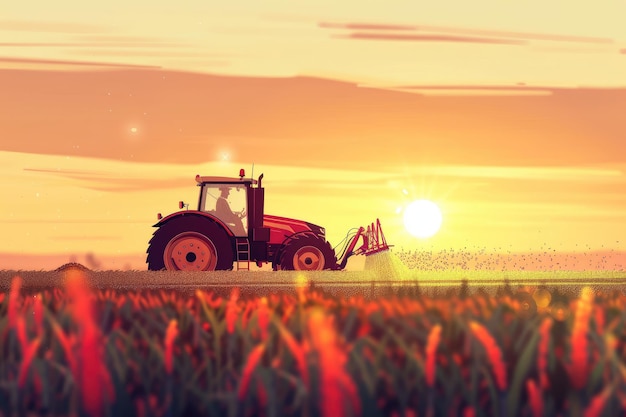 Agricultural Tractor Irrigating Crops at Sunset