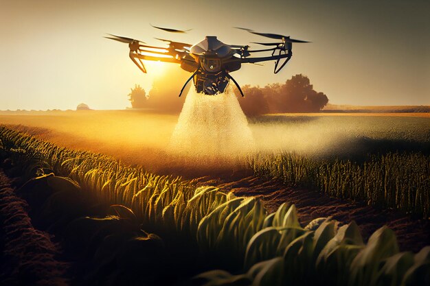 Agriculture drone fly to sprayed fertilizer on fields garden farm