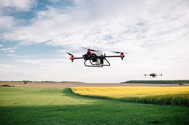 Agriculture drone spraying water fertilizer on the sunflower field