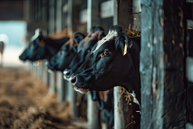 Photo agriculture industryfarming and animal husbandry concept herd of cows washing on dairy farm