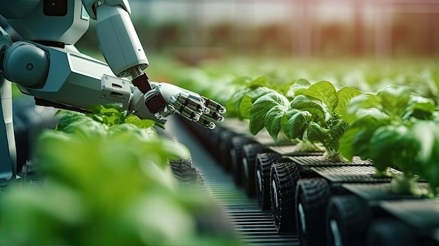 Agriculture robotic working in smart farm Future technology with smart agriculture farming concept