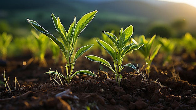 agriculture shot rows of young corn plants growing