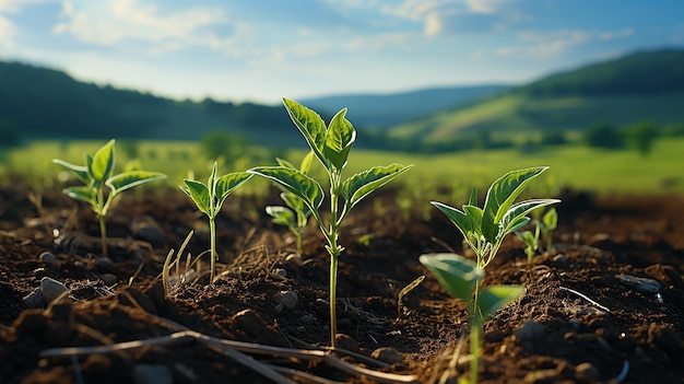 agriculture shot rows of young corn plants growing