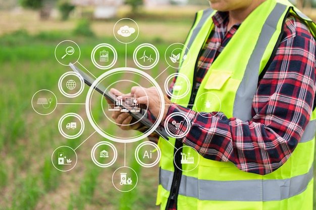 Agriculture technology farmer woman holding tablet or tablet technology to research about agriculture problems analysis data and visual iconSmart farming