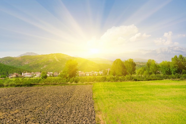 AgriculturePlowed soil on a background of mountains