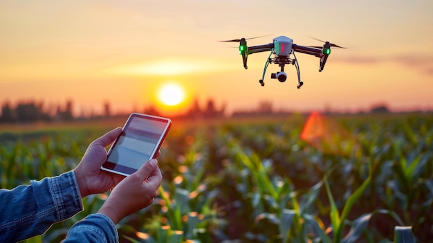 Agriculturist uses a drone and tablet to monitor crop growth in a lush cornfield during a vibrant sunset