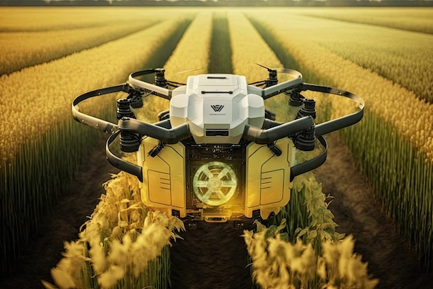 Agronomist drone afloat through field with crop and analyzes condition of plantation created with generative ai