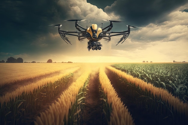 Agronomist drone flying over field and spraying crop chemical substances created with generative ai