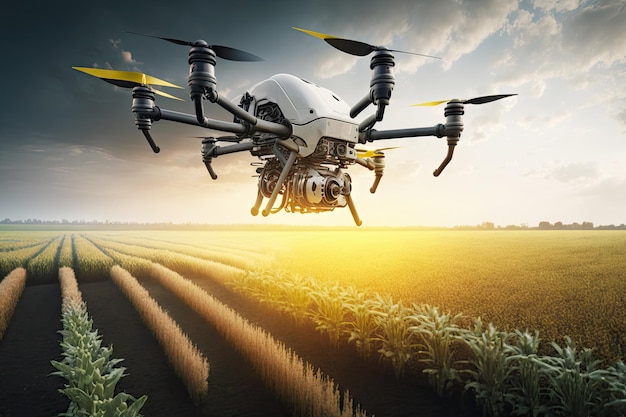 Agronomist drone flying over field and spraying crop chemical substances