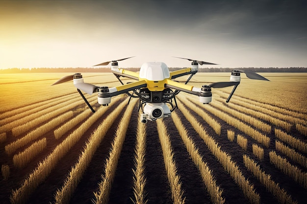 Agronomist drone flying over field with agricultural crops