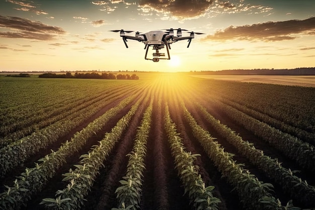 Agronomist drone flying over field with agricultural crops