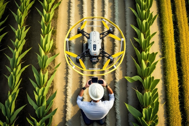 Agronomist drone inspects condition of crops from above created with generative ai