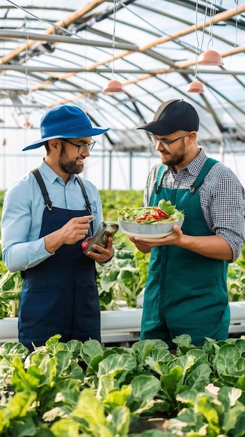 Agronomist gardener holding organic healthy fresh salad showing to agricultural businessman discuss