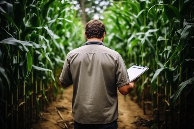 The agronomist holding the tablet and analyzing the harvest of corn