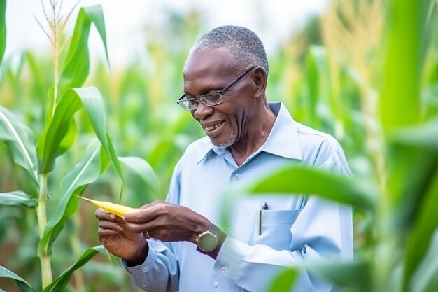 Agronomist looking at a maize leaf