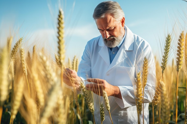 Agronomist researcher working in a wheat field