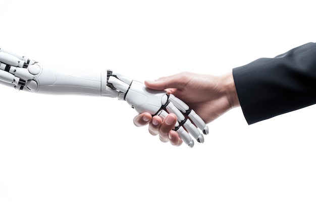 AI Android Robot shaking hands with businessman isolated on white background