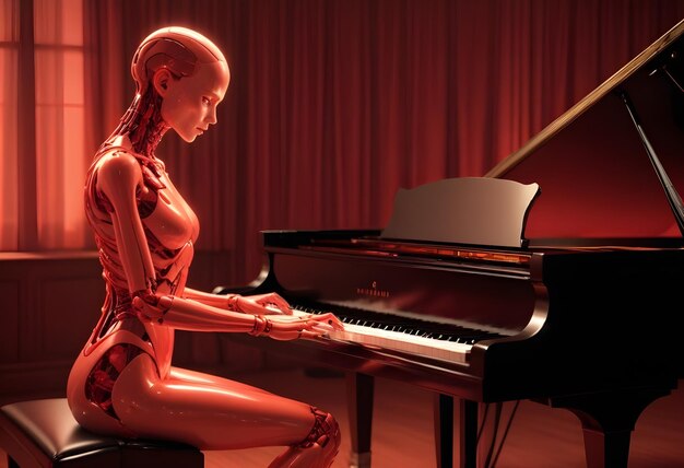 AI android with a humanoid appearance playing piano in orchestra