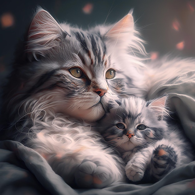 Ai art  cat and baby cat photos Photo generative illustration of adorable fluffy gray cat