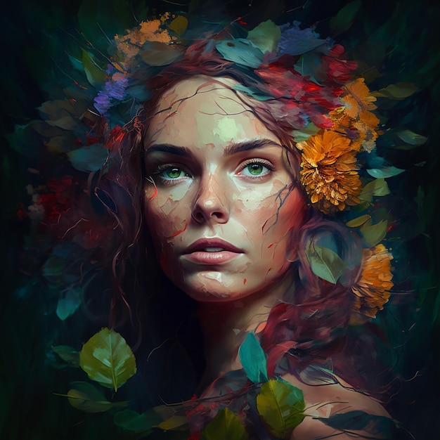 Ai art photos Woman with flowers in her hair and face in profilecharacter design gen