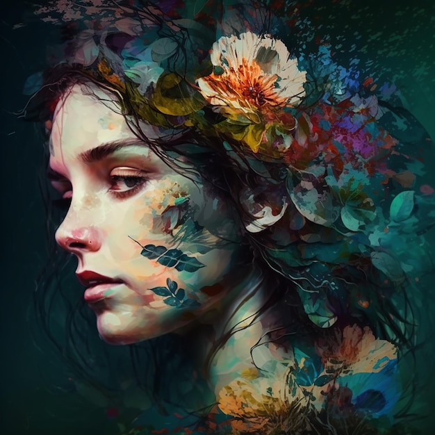 Ai art photos Woman with flowers in her hair and face in profilecharacter design gen