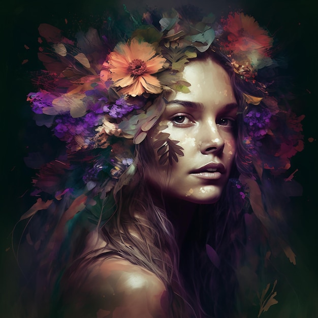 Ai art photos Woman with flowers in her hair and face in profilecharacter design gen