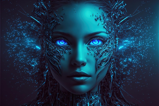 AI or artificial intelligence concept futuristic portrait of fictional cyborg woman generative AI