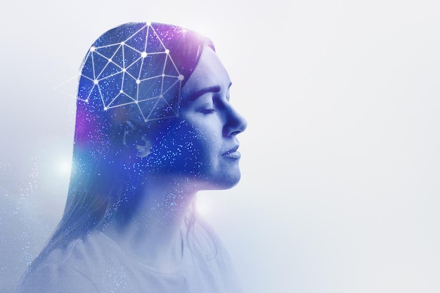 AI Artificial Intelligence concept silhouette of a young woman on a white background