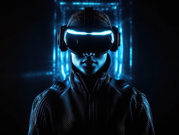 AI artificial intelligence man wearing VR glasses virtual global world internet connection and a new experience in the future metaverse Metaverse technology concept innovation of the futuristic