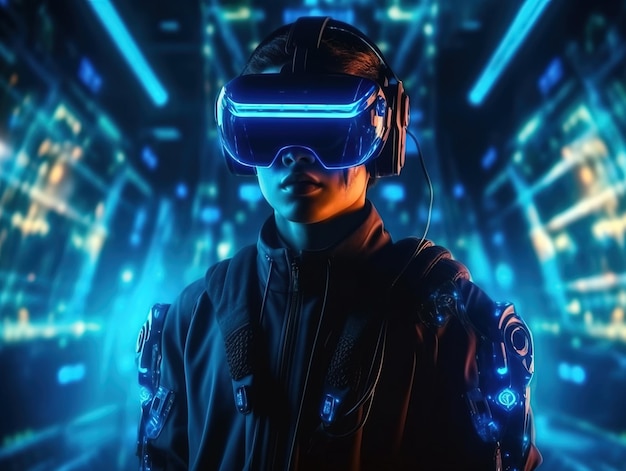 AI artificial intelligence man wearing VR glasses virtual global world internet connection and a new experience in the future metaverse Metaverse technology concept innovation of the futuristic