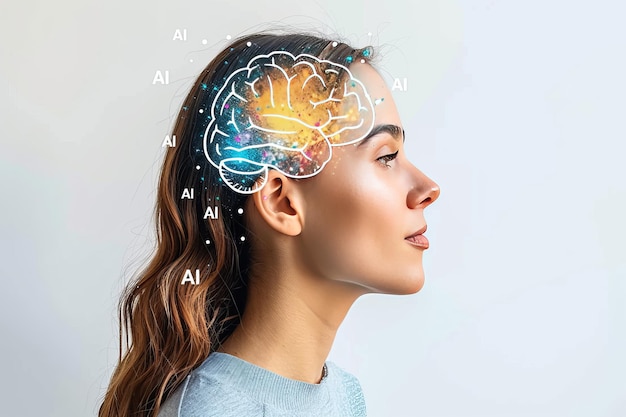 AI Brain Concept with Digital Elements and Human Profile in Creative Illustration