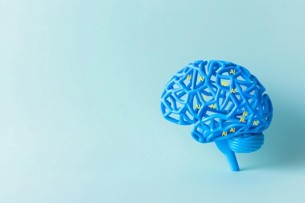 AI brain model on blue background representing artificial intelligence cognitive computing and i