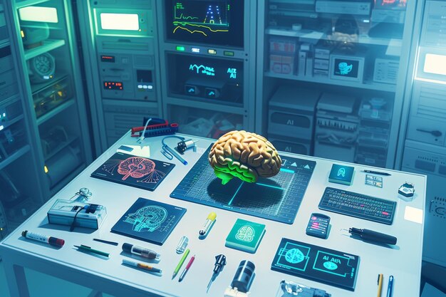 AI brain model in a futuristic lab representing artificial intelligence cognitive computing and