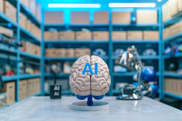 AI branded human brain in a storage facility metaphorically highlighting the storage of knowledge